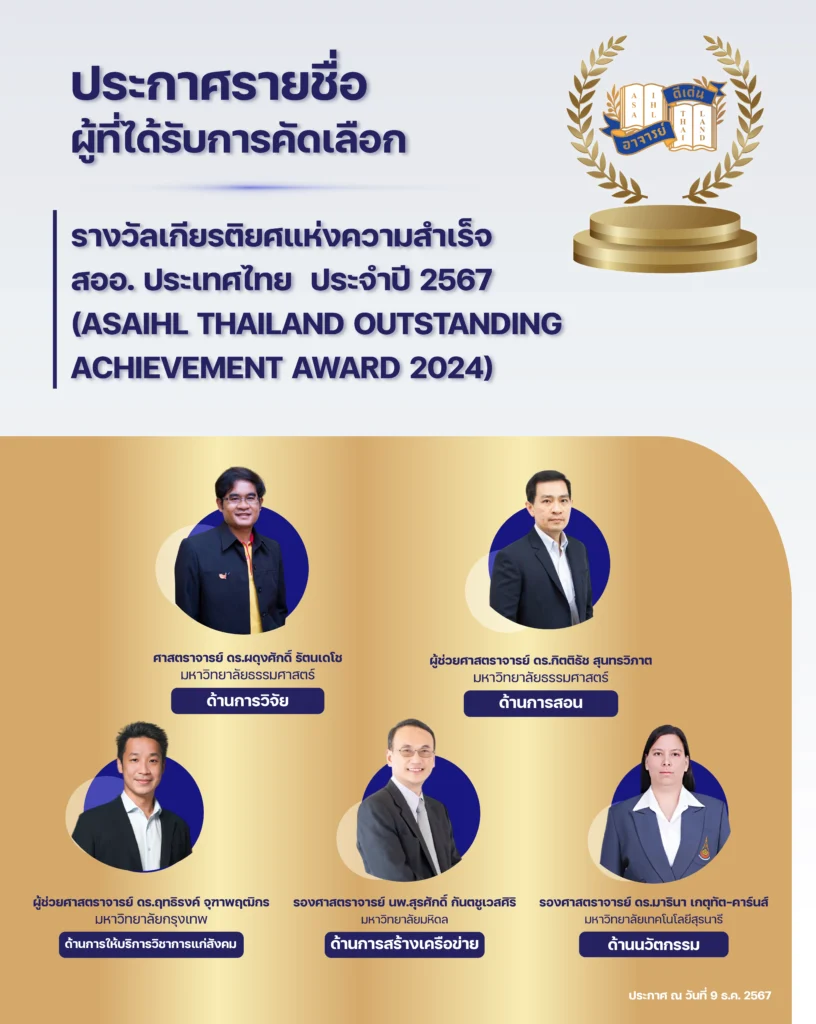 ประกาศรายชื่อผู้ที่ได้รับการคัดเลือกรางวัลเกียรติยศแห่งความสำเร็จ สออ.ประเทศไทย ประจำปี 2567 (ASAIHL Thailand Outstanding Achievement Award 2024)